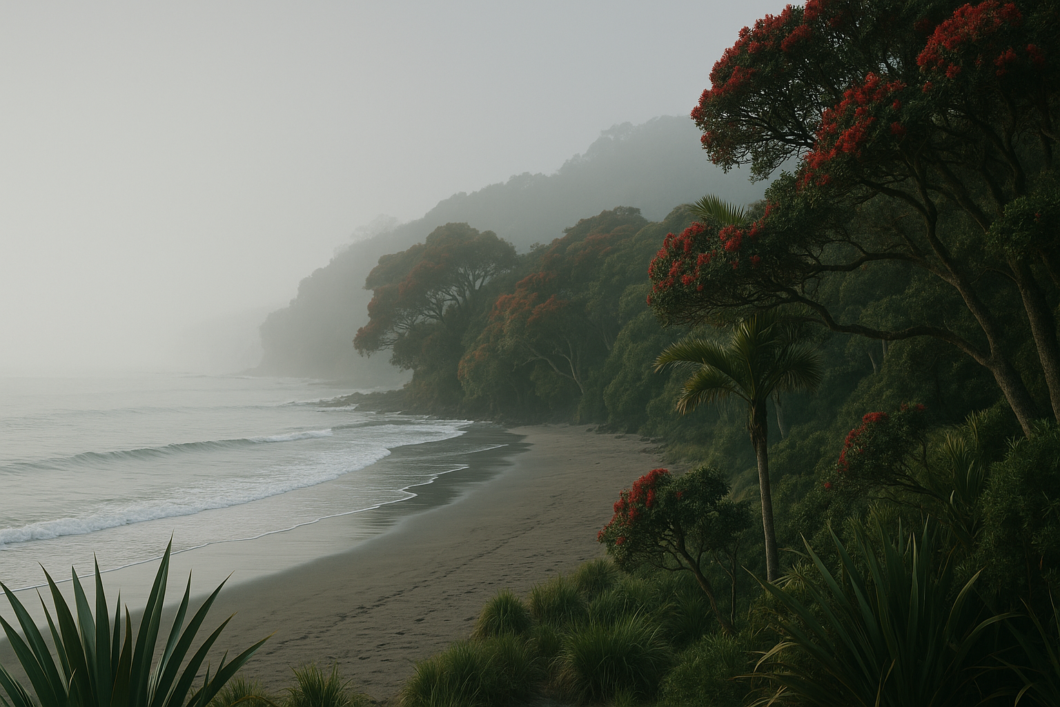 Misty Aotearoa beach with native bush at dawn